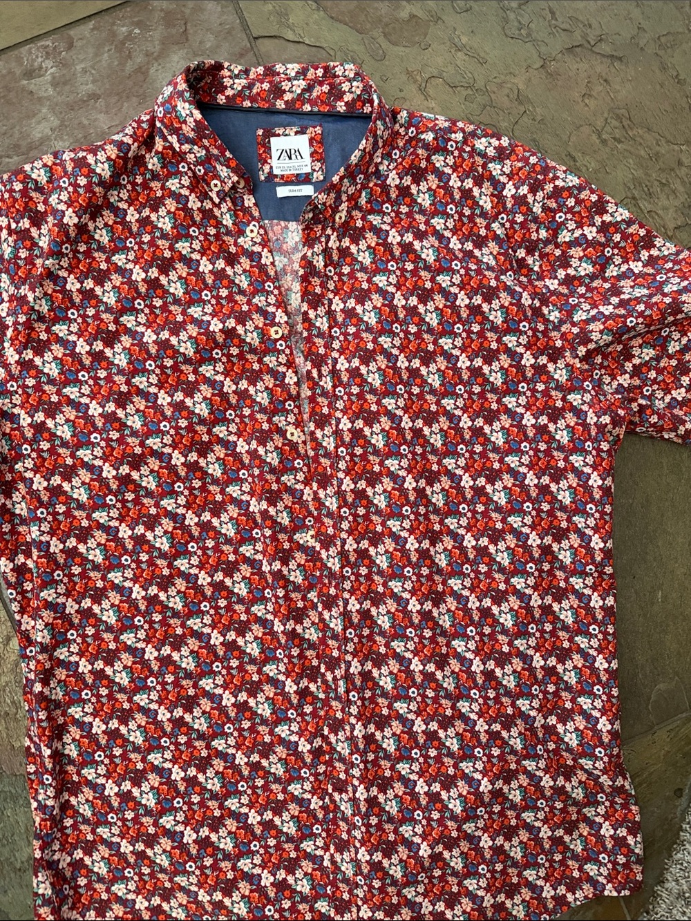 ZARA slim fit XL 100 cotton Men’s burgundy Floral Button-Up Shirt